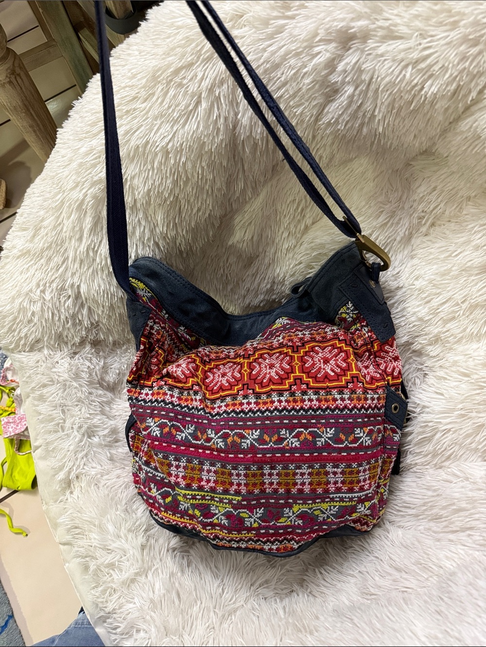 Lucky Brand Red Embroidered Shoulder Bag with Multicolor Pattern